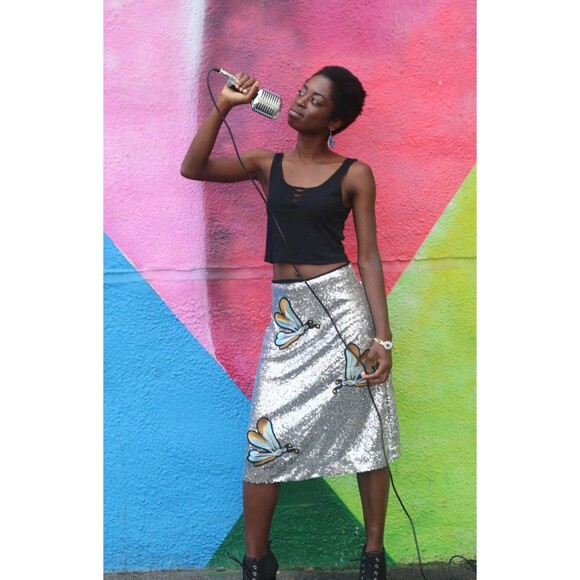 Dragon Fly Applique Silver Sequin Metallic Shimmer Midi Skirt Whimsical Y2K-M - Picture 1 of 11